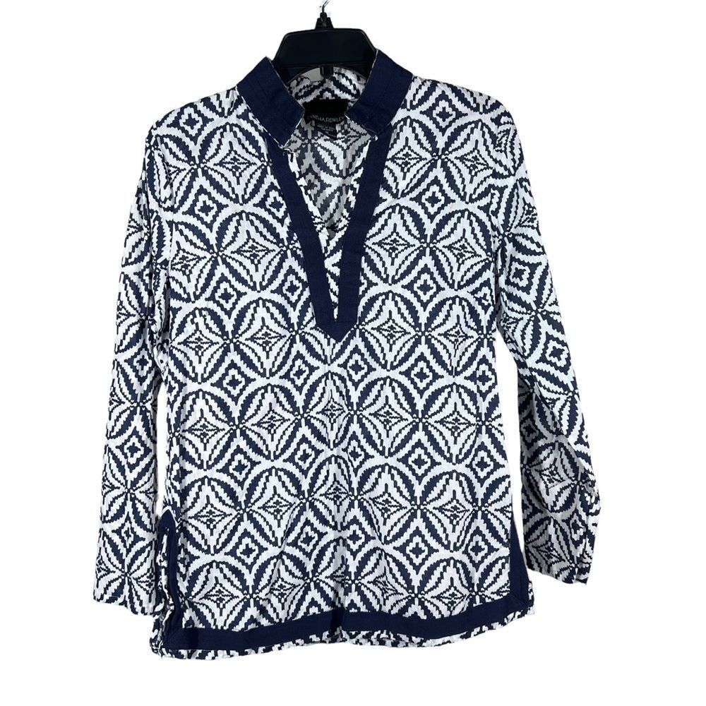 CYNTHIA Rowley Womens Sz M Blue White Geometric Boho Tunic Top